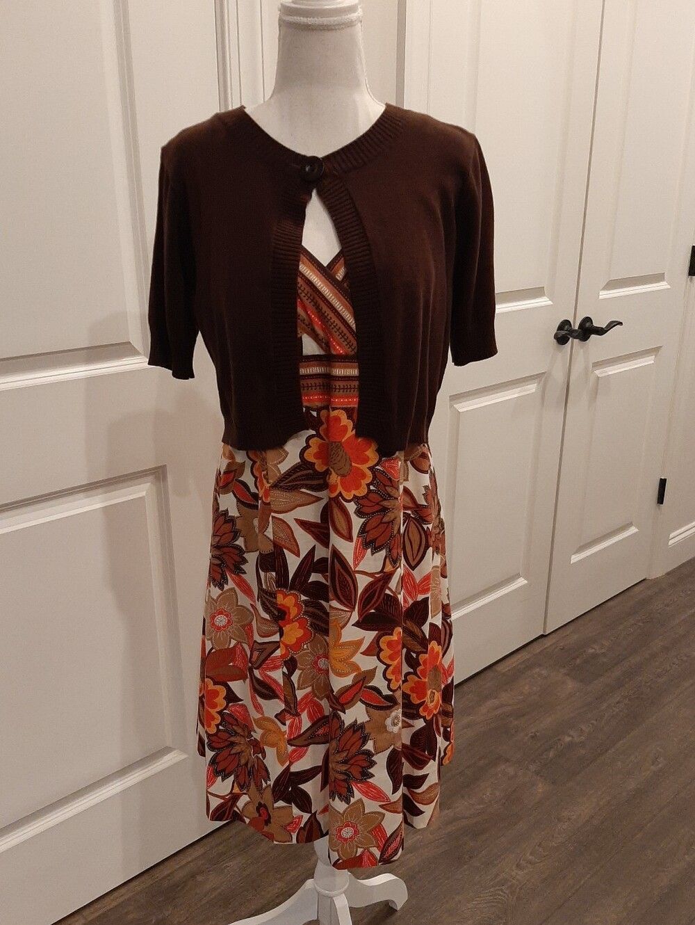Kim Rogers Petite 2-Piece Floral Dress & Cardigan Set Size 10P Brown Orange